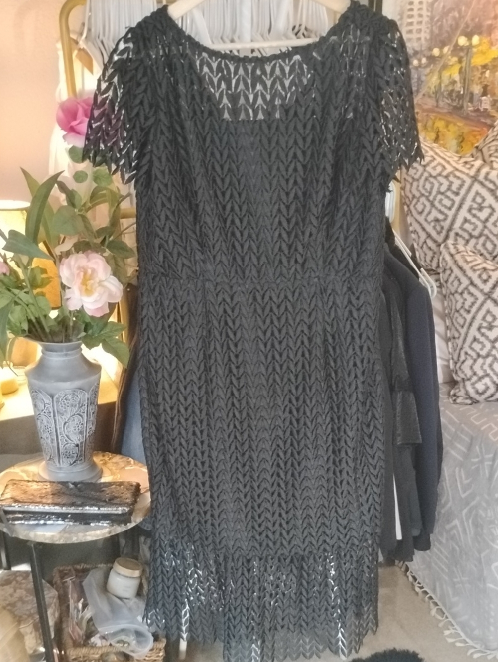 Kay Unger NY Formal Black Lace Midi Dress